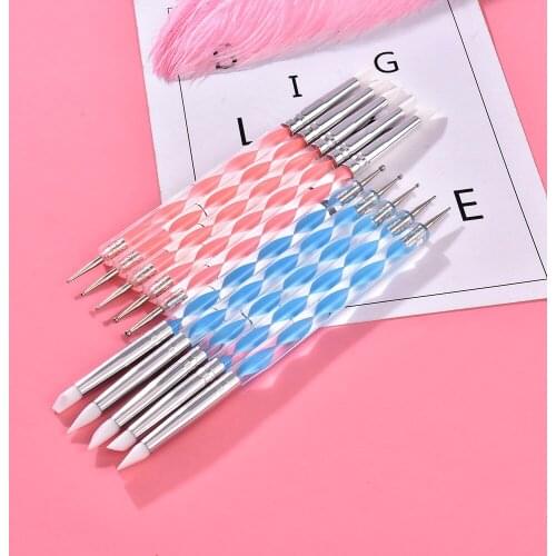 5Pcs/set Pink and Blue Nail Manicure Pen Set Double Headed Diamond Silica Rubber Pen UV Gel Painting Nail Art Dotting Pen Tools