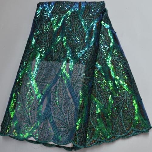 5yards/pc) high quality green African tulle lace French net lace fabric with shining sequins embroidery beads for party FLP263