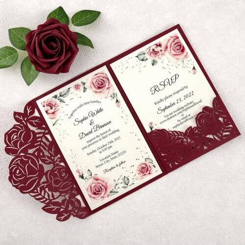 50pcs Burgundy Wedding Invitation Customized Printed Cards with Laser Cut Wedding Invitation Pocket