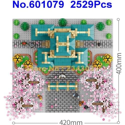 601079 2529pcs Sakura Flower Cherry Blossom Season Courtyard Urban Architecture View Led 8 Building Blocks Toy