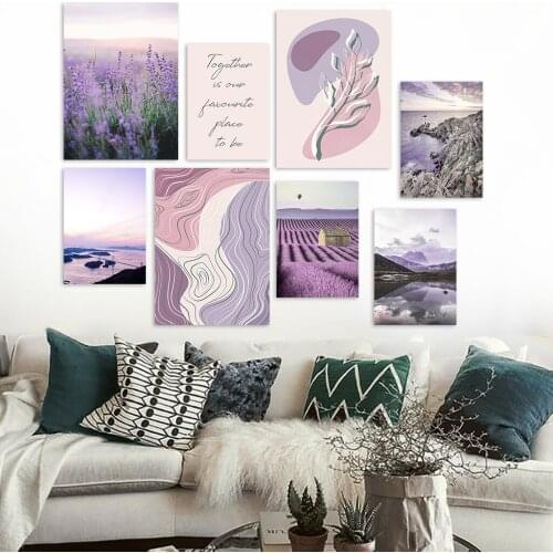 Abstract Lines Nordic Lavender Landscape House Lake Bridge Wall Art Canvas Painting Poster Wall Pictures Living Room Decoration
