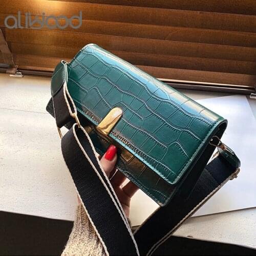 Aliwood 2021 New Style Fashion Alligator Women Shoulder Bags Leather Crossbody Bags Wide Shoulder Strap Flap bag Messenger Bags