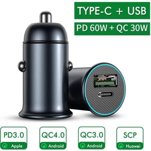 60W Car Charger USB Type CD Dual Ports PD QC Fast Charging Car Cigarette Lighter For Iphone Xiaomi Samsung Type C Mobile Phone
