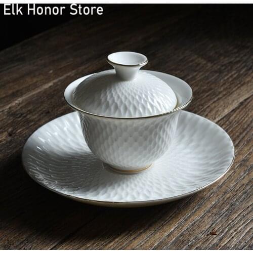 210ml White Jade Porcelain Tea Tureen Arabesquitic Gold-banded Ceramic Bowls Tea Bowl With Saucer Lid Kit Master Birthday Gift