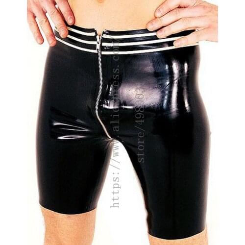 Front crotch zipper design black mens latex shorts with white stripes decorations