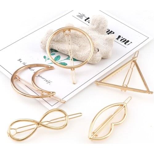 New Women Girls Gold/Silver Plated Metal Triangle Circle Moon Lips Hair Clips Metal Circle Hairpins Holder Hair Accessories