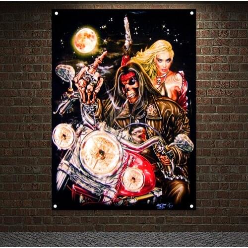 Sexy Girl Biker Heavy Motorcycle Tattoo Banner Flag Wall Hanging Skeleton Rider Poster Wall Art Canvas Painting Repair Shop Deco