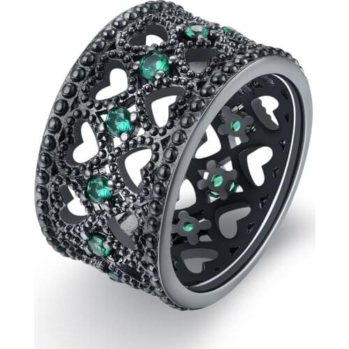 Heart Rings For Women Romantic Love Heart Green Black CZ Crystals Black Gold Filled Engagement Promise Wedding Rings