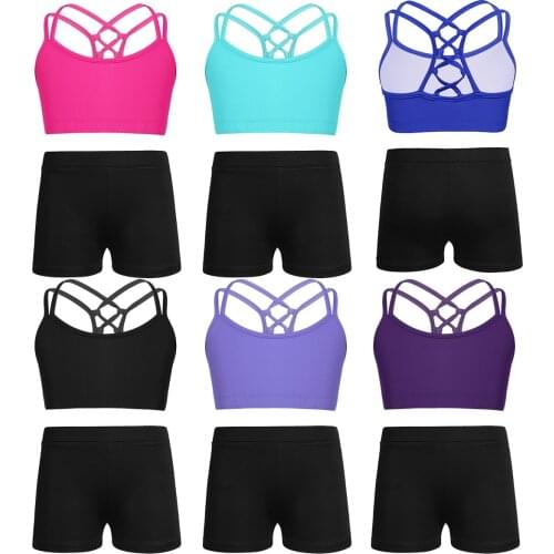 Kids Girls Ballet Dance Clothes Set Sports Tanks Bra Tops Crop Top With Dance Shorts Gymnastics Workout Dance Tracksuit Outfit