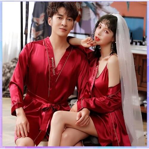 3pcs Women Robe Set Nightgown Silk Couple Bathrobe Pajamas Nightdress Summer Mens Long-Sleeved Bathrobe Autumn Plus Size