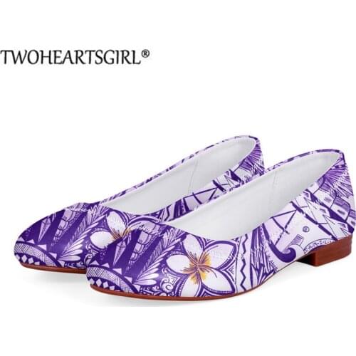 Purple Polynesian Style Leather Loafers Plumeria Print Boat Shoes Thick Heel Shoes Casual Spring Autumn Flats Basic Single Shoes