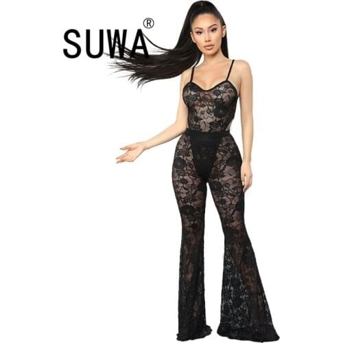 Summer sexy club outfits for women sets 2 pieces black lace bodycon playsuit + high waist flare pants matching sets