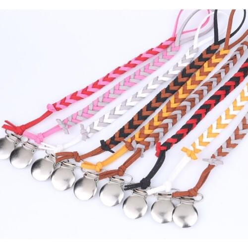 Hot Mixed Leather Braided Baby Pacifier Clip Chain Wooden Holder Chupetas Soother Pacifier Clips Leash Strap Nipple Holder