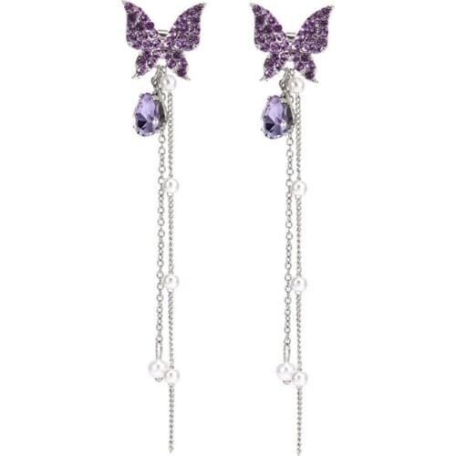 Fashion Trendy Shiny Purple Butterfly Earrings Elegant Super Fairy Rhinestone Drop Earrings Long Pearl Tassel Earrings Jewelry