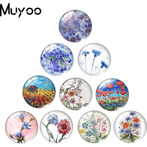 2019 New Cornflowers Art Glass Cabochon Flowers Painting Cabochons Round Handmade Photo Jewelry