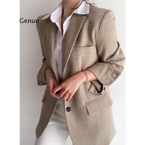 Autumn Winter Womens Blazers Plaid Buttons Pockets Jackets Checkered Vintage Fashionable Wild Tops
