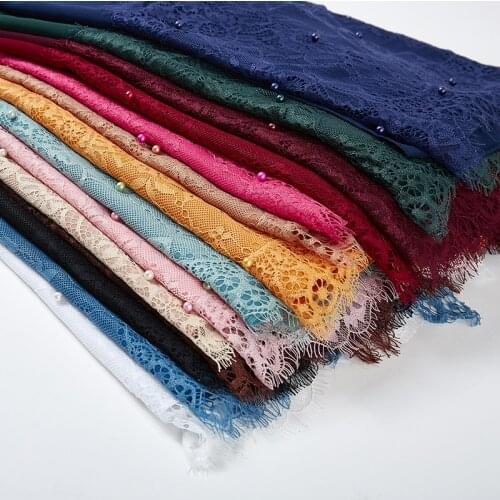 Plain Buble Chiffon Lace Pearls Scarf Muslim Scarf Shawl Muslim Solid Color Lady Muffler Luxury Foulard Femme Hijabs 10PC/LOT