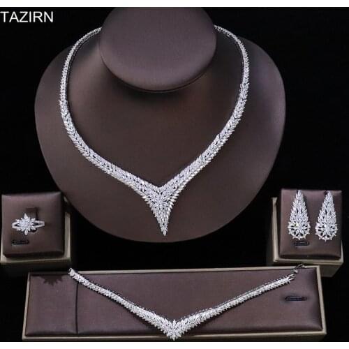 Luxury 5A Full Zircon Wedding Bridal Jewelry Set Necklace Bracelet Dangle Earrings and Ring Birthday Gifts for Mom/Wife
