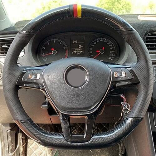 DIY Non-slip Black Genuine Leather Carbon Fiber Car Steering Wheel Cover For Volkswagen VW Golf 7 Mk7 New Polo Jetta Passat B8