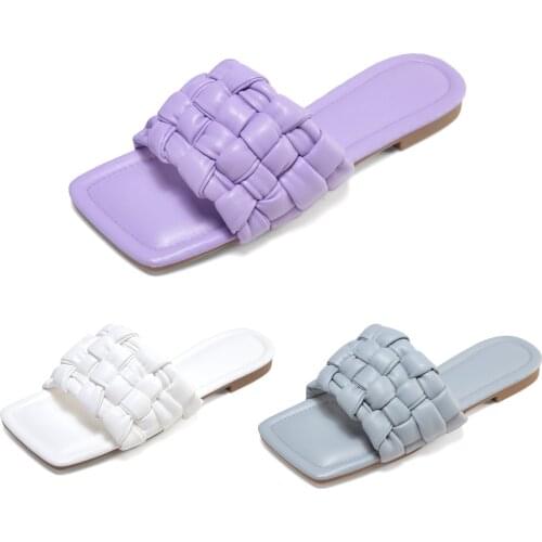Lady Square head Slipper woven vamp Soft bottom flip flop PU sandals woman Flat shoes open-toed slippers summer sandals