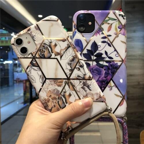 Flower Phone Case For iPhone 12 11 PRO MAX 12 mini X Xs XR SE 2020 7 8 6 cover Cases with crossbody lanyard Silicone imd coque