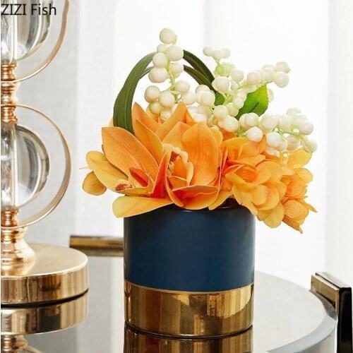 Blue Ceramic Vase Silk Artificial Flower Decorative Flower Pots Flower Arrangement Porcelain Vases Nordic Home Decor Modern