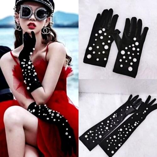 Wedding Gloves Black Golden Velvet Pearls Gloves 2 Styles Length Full Finger Winter Cycling Driving Warm Photography Gloves 2021