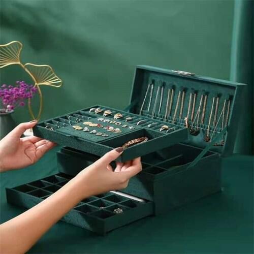 24 X 11x 17CM Dark Green Double-Layer Three-Layer Drawer Earrings Ring Jewelry Storage Box Watch Jewelry Box Dustproof Finishing