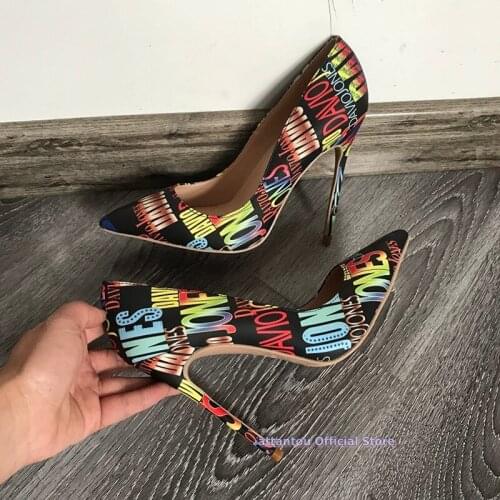 Letter Words Printed Pattern Slip On Women Thin High Heel Dress Shoes Pointed Toe Pumps Sexy High Heels Dress Shoes Stilettos