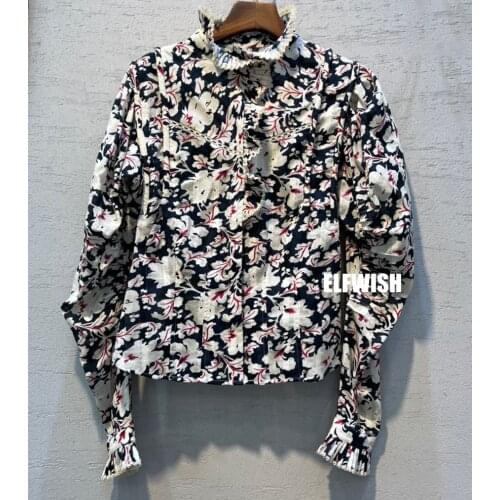 Womens Vintage Black Floral Print Shirt Frilled Collar Ruffled Front Long Puff Sleeves Top 2022 Tops