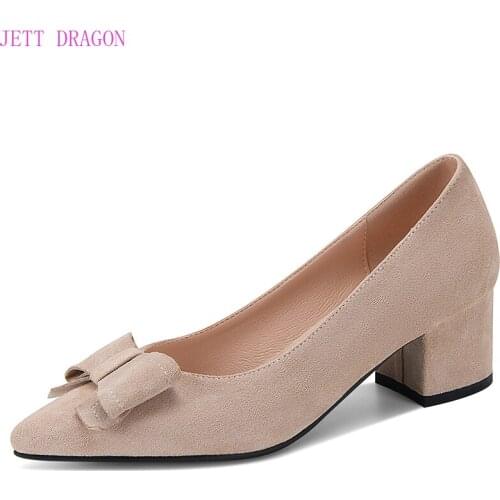 2021 NewHigh Heel Shoe Sexy Pointed Toe Mid Heel Woman Pumps Bow Dress Heels 34-43 Party Shoes Apricot Black