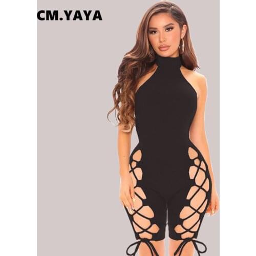 CM.YAYA Women Playsuit Solid Sleeveless Half High Collar Bandage Hollow Out Elastic Bodycon Playsuits Summer One Piece Set 2021