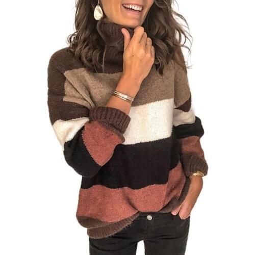 Women Sweaters Pullovers Stripe Patchwork Turtle Neck Long Sleeve Autumn Winter Sweater Jumper female Clothing Top