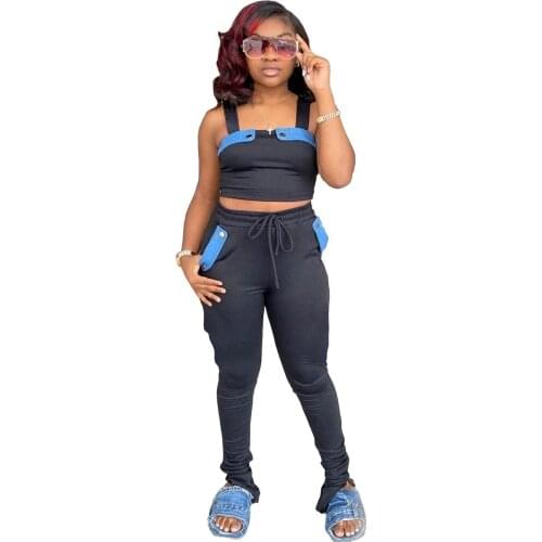 2021 Cotton Drawstring Patchwork Tracksuit Women Casual Fitness Tank Crop Top + Slit Hem Stacked Pants Two Piece Set Outfits