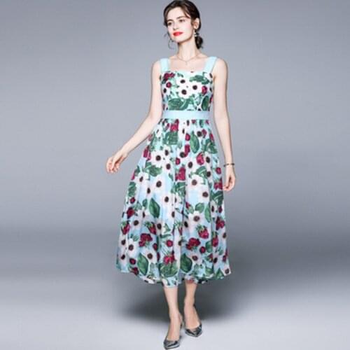 High Quality 2021 Summer Women Bohemian Holiday Dress Runway Elegant Spaghetti Strap Flower Print Slim Midi Dress Vestidos