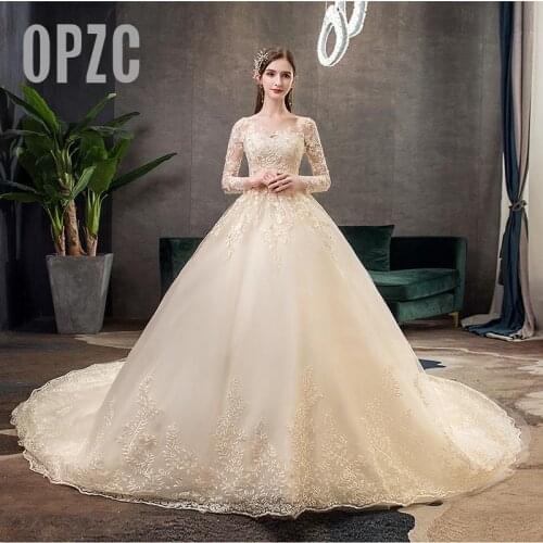 New Spring White Ivory Champagne Wedding Dresses With Sleeve Illusion Long Appliques Lace Embroidery Ball Gowns vestido De Noiva