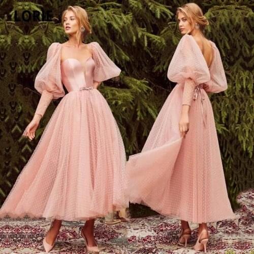 Bohemian Blush Pink Tea Length Prom Dresses Sweetheart Puff Sleeves for Party Fairy Graduation 2021 robe de soirée de mariage