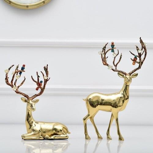 Golden Brass Deer Statue Copper Elk Figurine Buck Sculpture Antique Home Decor Vintage Metal Animal Ornament Christmas Gift