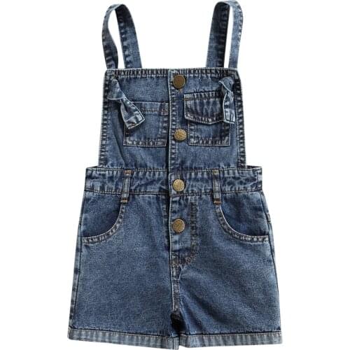 2021-05-11 Lioraitiin 1-6Y Toddler Children Baby Girl Solid Color Suspender Pants Square Collar Short Denim Jumpsuit with Pocket