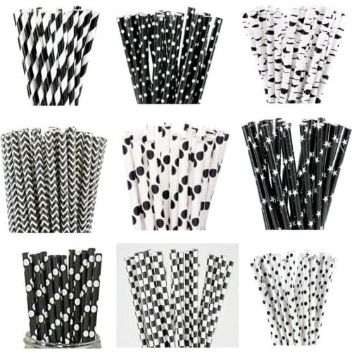 25PCS Black Striped Chevron Dot Paper Straws Foil Gold Silver For Baby Shower Wedding Birthday Decoration Drinking Straws