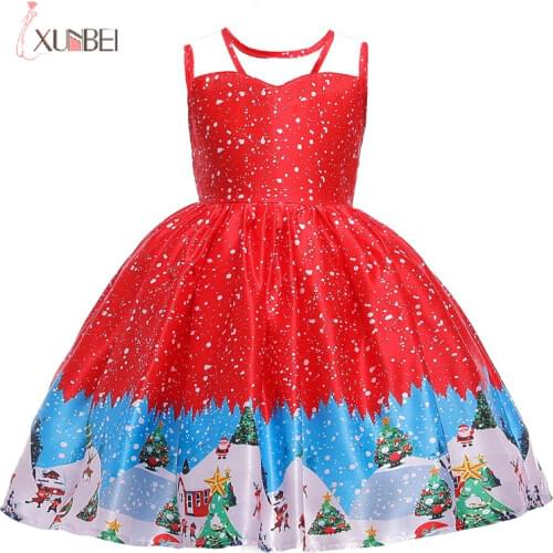 Santa Claus Print Flower Girl Dress Christmas Dress Children Snowflake Satin Costumes Decoration Cosplay Princess Ball Gown New
