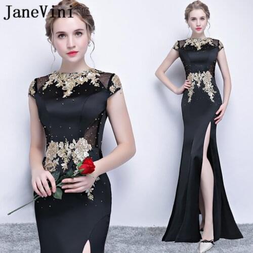 JaneVini Long Black Godmother Mother Of The Bride Dresses With Gold Sequins Mermaid Beaded Split Celebrity Red Carpet Dresses
