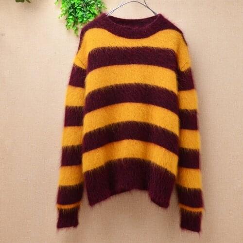 Elegant fashion short strip mink cashmere ladies women winter o-neck angora rabbit fur hand knitted loose pullover sweater coat