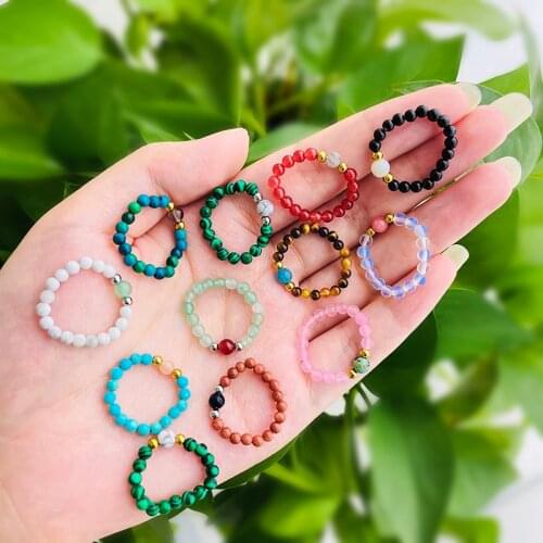 Coloful Natural Stone Beaded Rings 3mm Cute Minimalist Crystal Malachite Tigereye Bead Elastic Ring Boho Jewelry for Women Girls