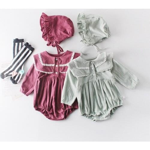 Baby girls romper Toddler girl tassel peter collar long sleeve rompers infant newborn linen cotton clothes set for 0-24M+Hat