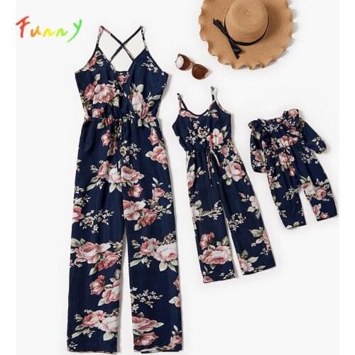 Mother Daughter Matching Jumpsuit Floral Backless V Neck High Waist Overalls Pants Summer 2021 Family Matching Outfits