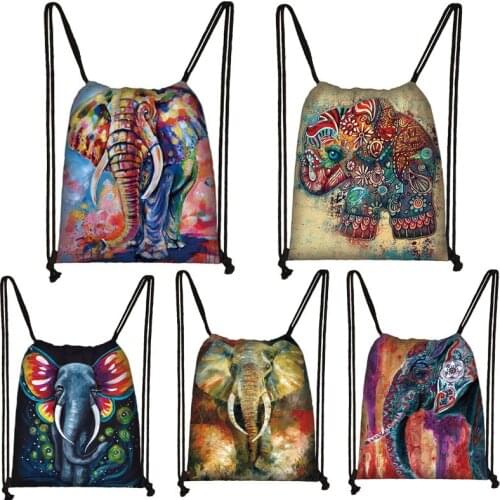Colorful Oil Painting Elephant Drawstring Storage Pouch Multi-Functional Bag Ditty Bag for Travel Outdoor Activity Girl Backpack