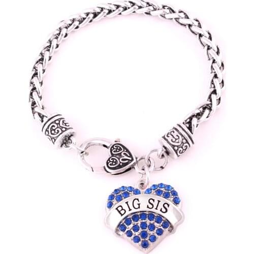 Rhodium plated studded with rhinestone BIG SIS charm bracelet
