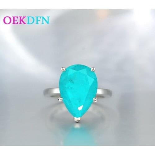 OEKDFN 100% 925 Sterling Silver Rings Pear Paraiba Tourmaline Gemstone Birthstone Wedding Engagement Ring Fine Jewelry Wholesale