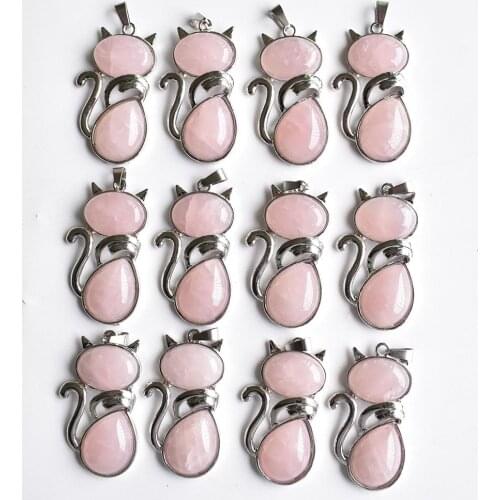 Wholesale 12pcs/lot new Fashion good quality natural pink quartz stone cat shape pendants for jewelry making free shipping